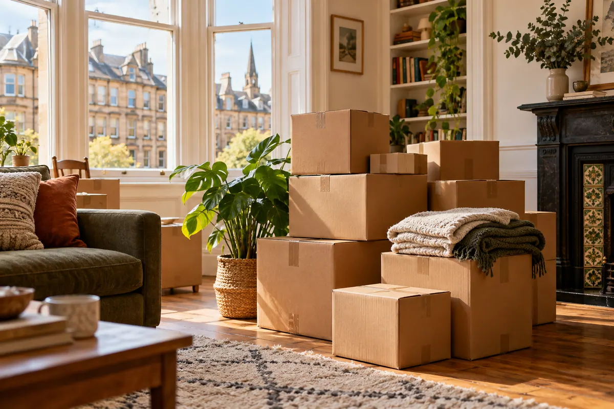Illustrative packed moving boxes and a houseplant in a Glasgow-style flat